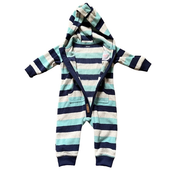 Carter's Blue and White Striped Hooded Fleece Jumpsuit, Size 6 Months - Picture 2 of 4